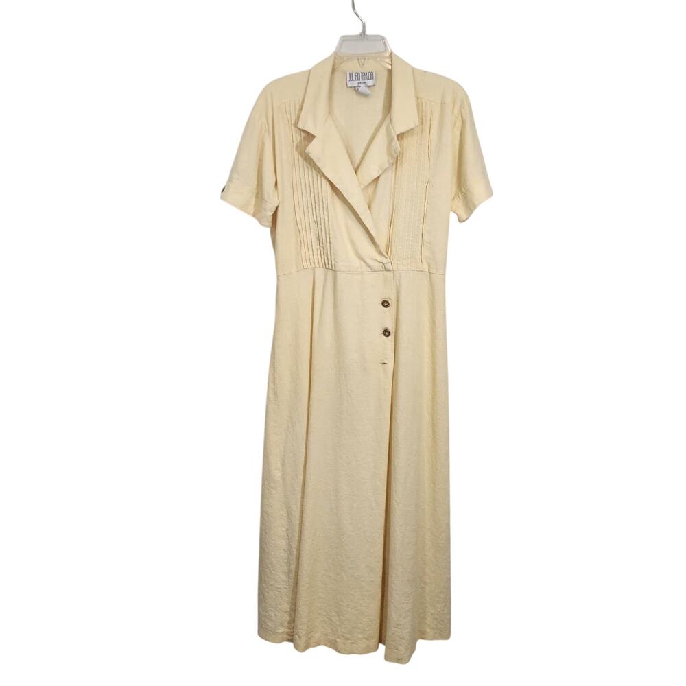 Vintage Linen Maxi Shirt Dress Size 10 Butter Yellow Modest Lagenlook Collard